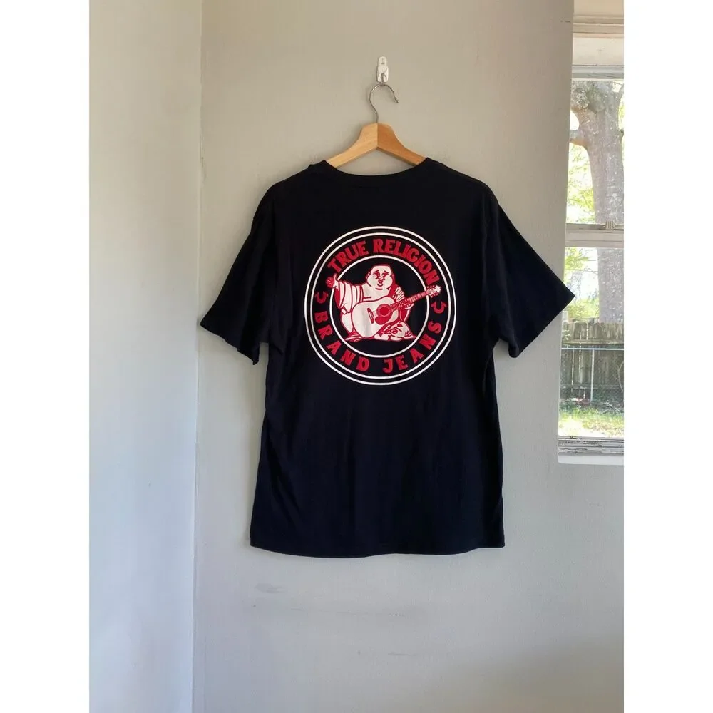 Large Classic True Religion Black Tee Graphic logo Buddha Guitar